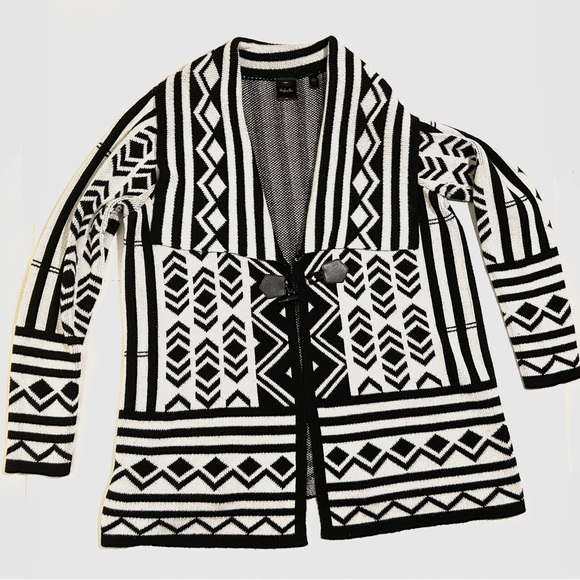 Rafaella Black and White Cardigan Sweater with Geometric Design - Picture 1 of 11
